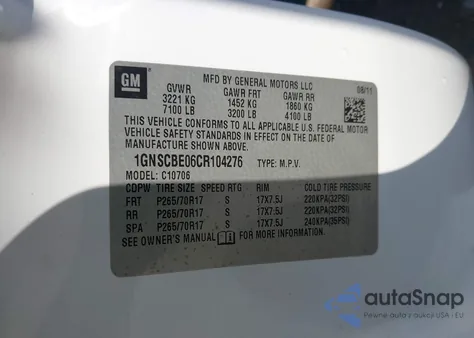 2012 Chevrolet Tahoe Lt from USA, damaged, VIN 1GNSCBE06CR104276